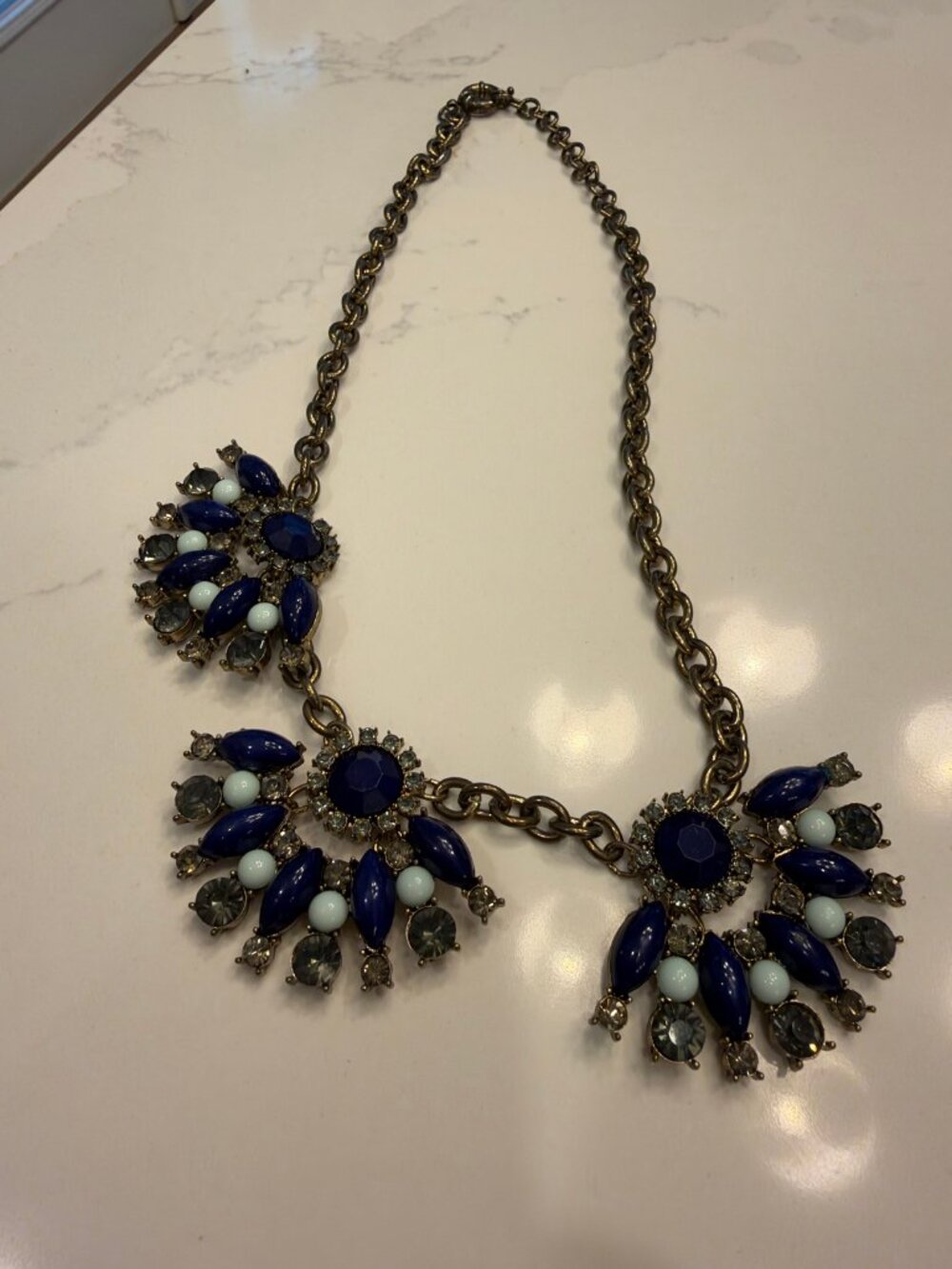 Blue Crystal Statement Necklace — Cobalt & Mint Clusters on Bronze Chain